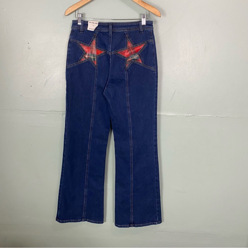 Free People Firecracker Jeans Holiday Tartan Stars Blue Plaid Size 30 - Picture 4 of 8
